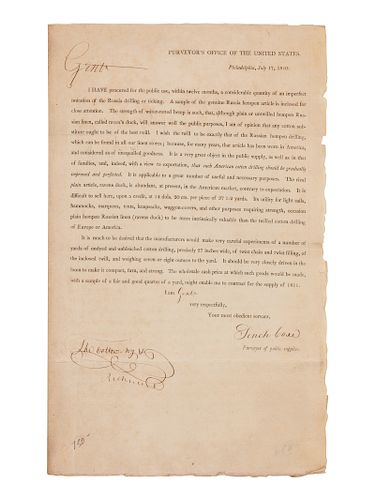 COXE, Tench (1755-1824), Pennsylvania delegate to the Continental Congress. Printed document signed ("Tench Coxe"), as purveyor of public supplies. Ph