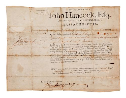 HANCOCK, John (1737-1793). Document signed ("John Hancock"), partially printed and accomplished in manuscript, as Governor of Massachusetts, counter-s