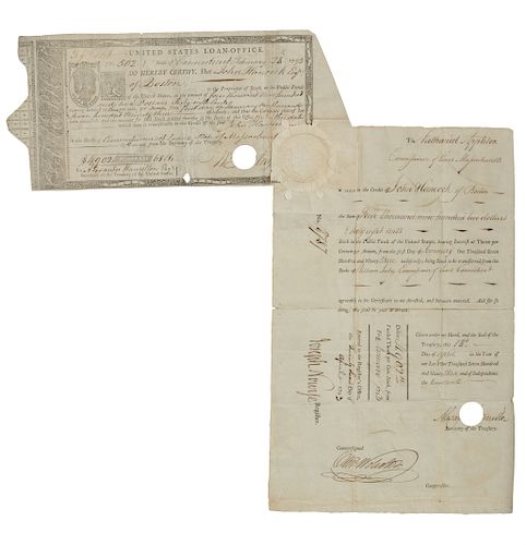[HANCOCK, John (1737-1793)]. Partly-printed United States Loan-Office Transfer Certificate issued on behalf of John Hancock. Signed on the recto by Wi