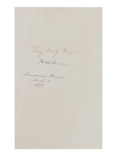 STOWE, Harriet Beecher (1811-1896). Autograph sentiment signed ("H. B. Stowe"), to an unnamed recipient. Mandarin, Florida, March 5 1878. 