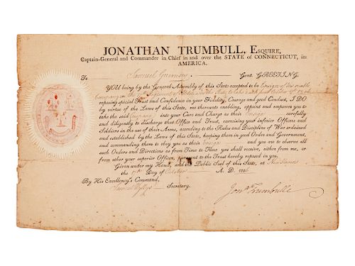 TRUMBULL, Jonathan (1710-1785), Governor of Connecticut. Partially printed document accomplished in manuscript, signed ("Jon Trumbull"). 17 October 18