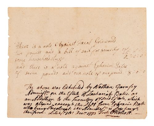 WOLCOTT, Oliver (1726-1797), signer of the Declaration of Independence and the Articles of the Confederation. Autograph document signed ("O Wolcott"),