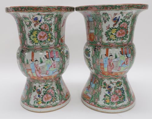 Pair of Rose Medallion Gu Form Vases, 19th C