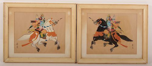 2 Asian Paintings of Warriors on Horseback