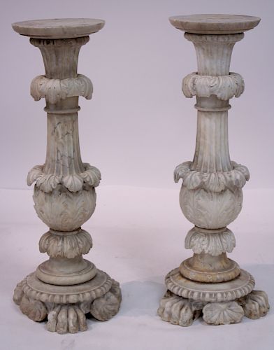 Pair Ornately Carved Alabaster Pedestals 19th c