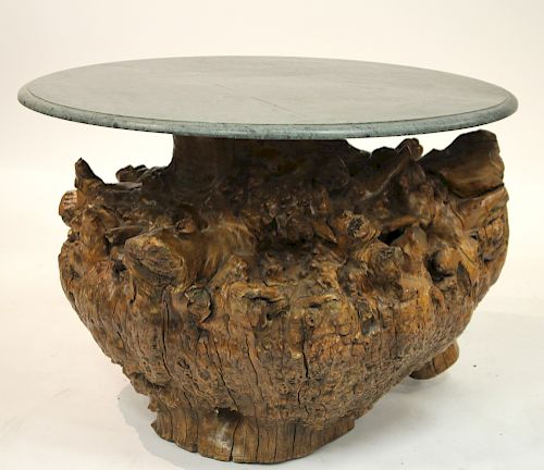 Round Green Marble Top on Massive Burl Base
