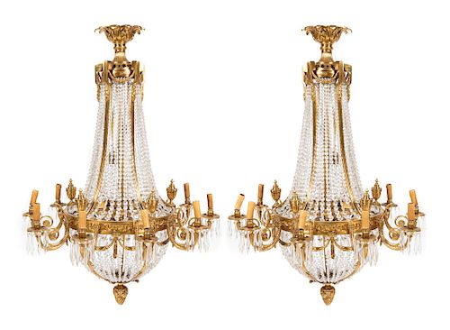 A Pair of Neoclassical Style Gilt Bronze Ten-Light Chandeliers