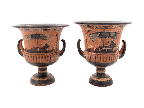 A Near Pair of Greek Black-Figured Style Pottery Urns