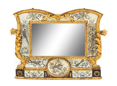 An Italian Etched Glass and Giltwood Mirror