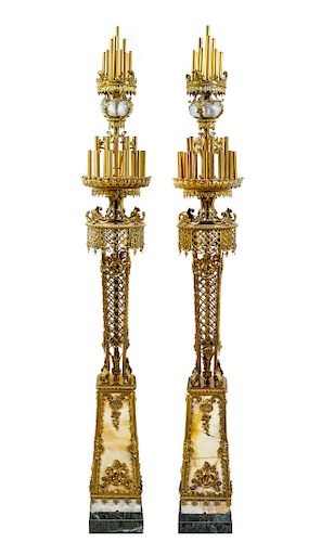 A Pair of Monumental Gilt Bronze and Marble Torcheres from Chicago's Uptown Theater