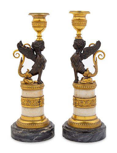 A Pair of Empire Style Gilt Bronze Mounted Marble Candlesticks