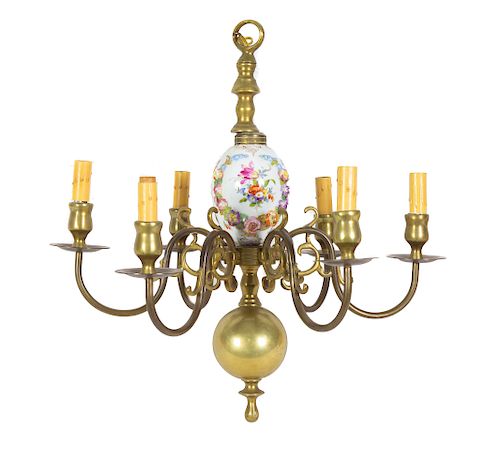 A Continental Porcelain Mounted Baroque Style Brass Chandelier
Height 26 1/2 inches.