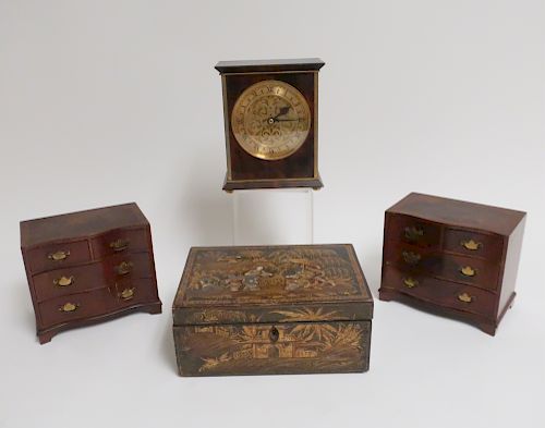Chinoiserie Box, Pr. Miniature Chests & a Clock