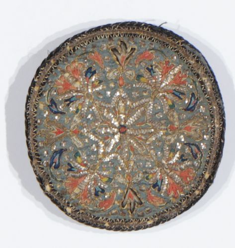 19th C. Persian Embroidered Pin Cushion with Silver