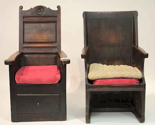 Two English Jacobean Paneled Armchairs