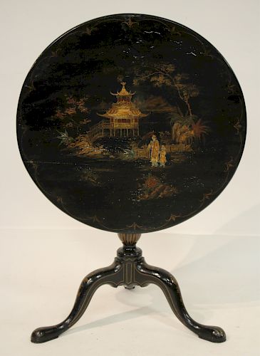 Queen Anne Style Black Lacquered & Gilt Table