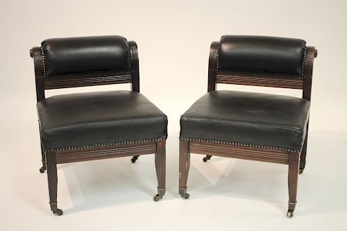 Pr. Carved Mahogany and Leather Fireside Chairs