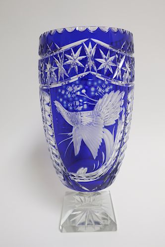 Large Cobalt Cut to Clear Crystal Vase Hand-Signed