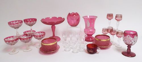 Mixed Cranberry Glass: Stems Bowls Vases Compote