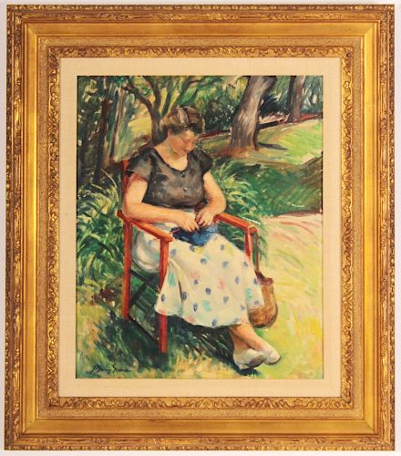 J. Barry Green, Woman Knitting in Garden, c 1930