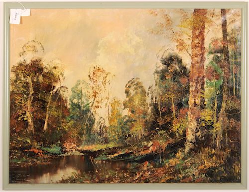 20th C. Landscape, Autumnal Pond, O/C