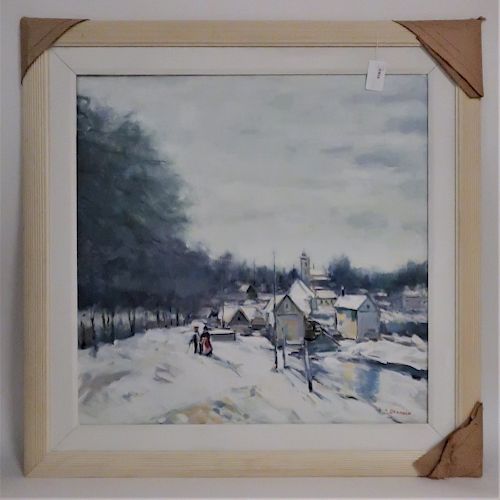 J. Dekobra, "Village in Winter w/ 2 Figures" O/C
