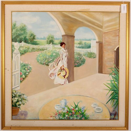 Lady Awaiting Tea, 20th C., O/C,signed lower right