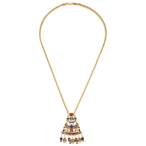 A yellow gold 18K necklace and pendant with corals and lazurites.