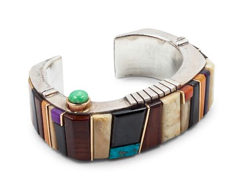 Wes Willie(Dine, b. 1957) Sterling silver cuff bracelet, with mosaic inlay and 14k gold accents
