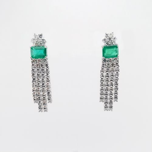 Pair of Emerald & Diamond Platinum Earrings