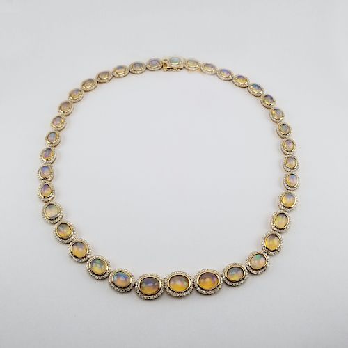 14K Yellow Gold Opal & Diamond Necklace