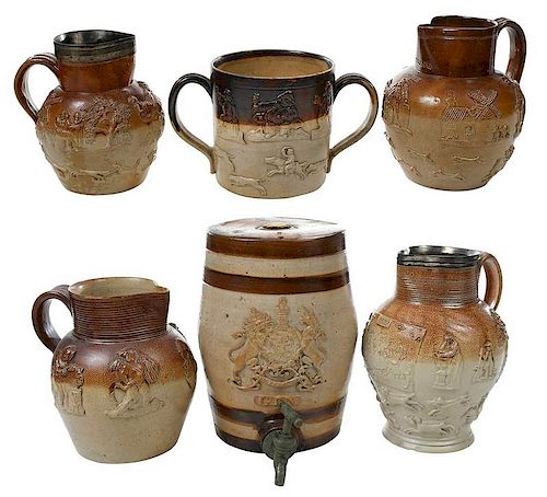 Six Sprig Decorated Saltglazed Stoneware Vessels