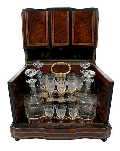 French Burl Wood Tantalus with Cordial Set