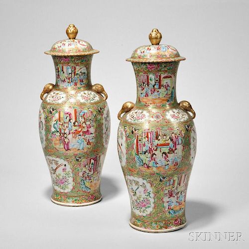 Pair of Rose Medallion Tall Covered Vases