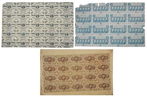 Three Uncut Sheets of U.S. Fractional Currency