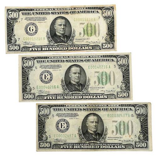 Three 500 Dollar Federal Reserve Notes