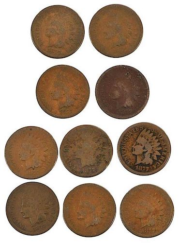 Ten 1877 Bronze Indian Head Cents