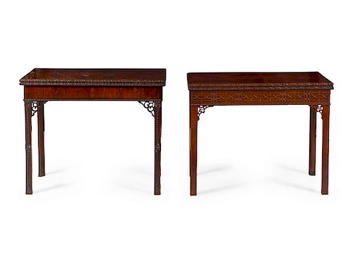 Two Chinese Chippendale Carved and Figured Mahogany Game Tables