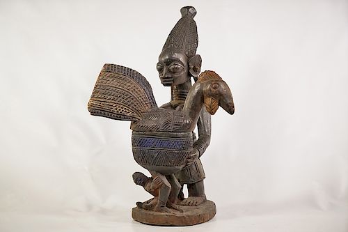 Yoruba Woman and Cockerel Offering Bowl Figure 25.5"