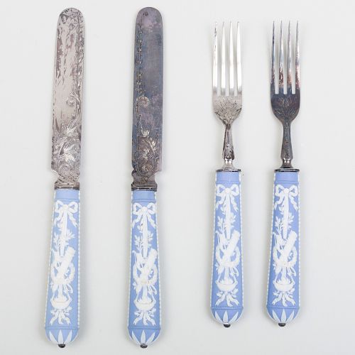 Two Pairs of Silver Plate and Wedgwood Jasperware Forks and Knives 