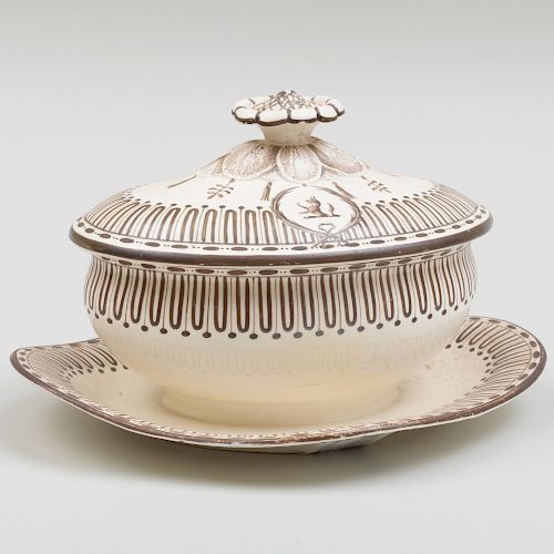 Wedgwood Creamware Armorial Sauce Tureen and Cover on Fixed Stand