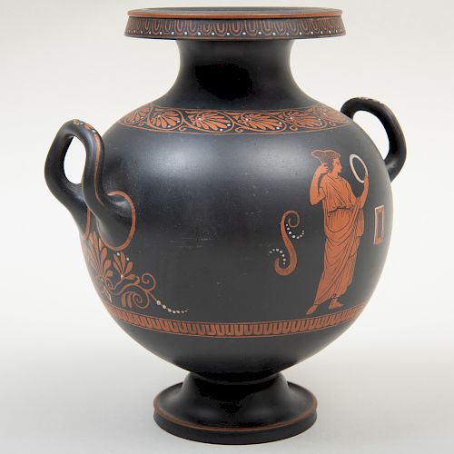 Wedgwood Black Basalt Encaustic Decorated Two Handle Vase