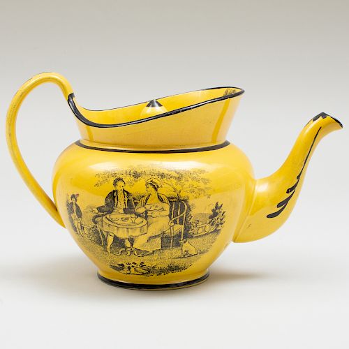 English Earthenware Transfer Printed Canary Yellow Ground Teapot and Cover