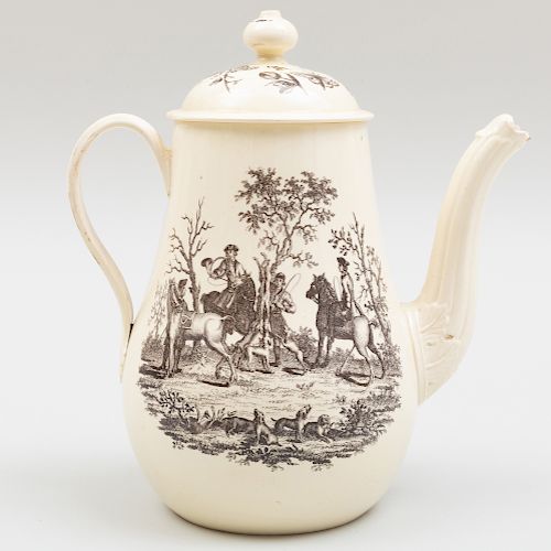 Wedgwood Transfer Printed Creamware Coffee Pot and Cover Decorated with a Hunting Scene