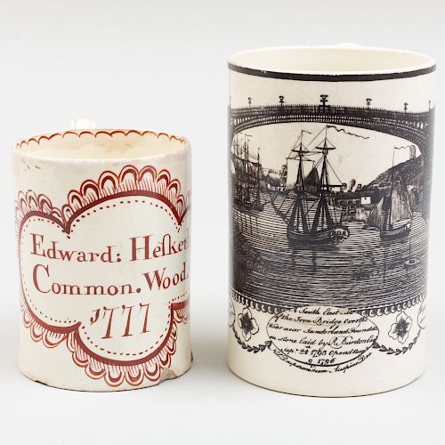 English Creamware Transfer Printed Mug and an Iron Red Painted Mug 