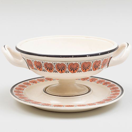 Wedgwood Creamware Footed Bowl and Stand Painted with Classical Motifs