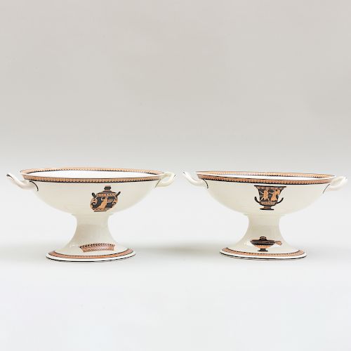 Pair of Wedgwood Creamware Two Handle Compotes Painted with Classical Motifs