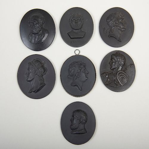 Group of Seven Wedgwood Black Basalt Portrait Medallions