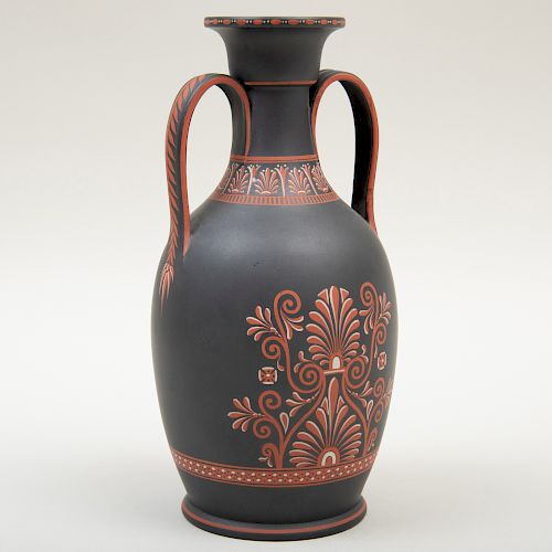 Wedgwood Black Basalt Encaustic Decorated Two Handle Vase