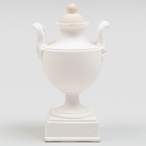 Miniature Wedgwood White Jasperware Two Handle Vase and Cover